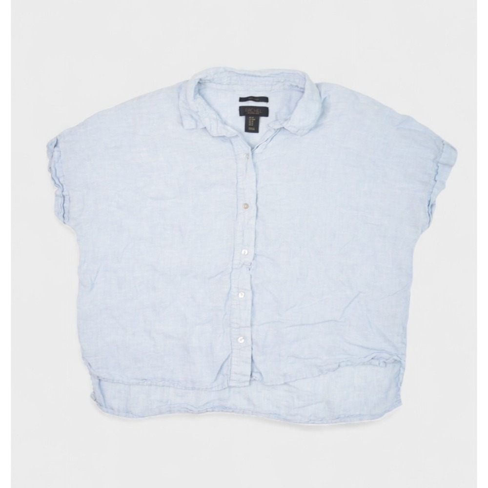 Rachel Roy Top Womens M Blue Linen Tunic Blouse Button Up Short Sleeve Relaxed